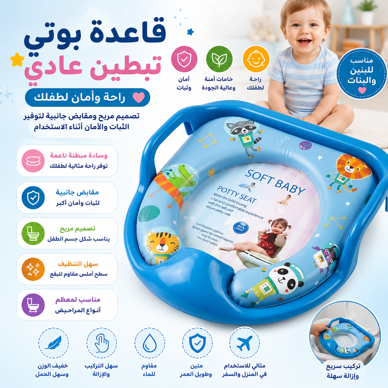 قاعدة بوتي أطفال مبطنة بمقابض جانبية